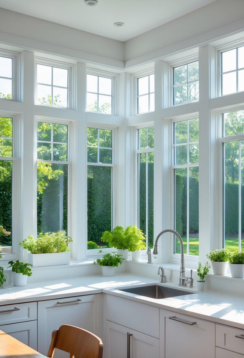 A modern kitchen with various window styles letting in natural light and showing greenery outside.