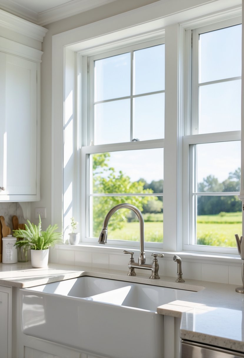 A kitchen sink below a large window with sunlight coming through, showing a clean and bright kitchen space.