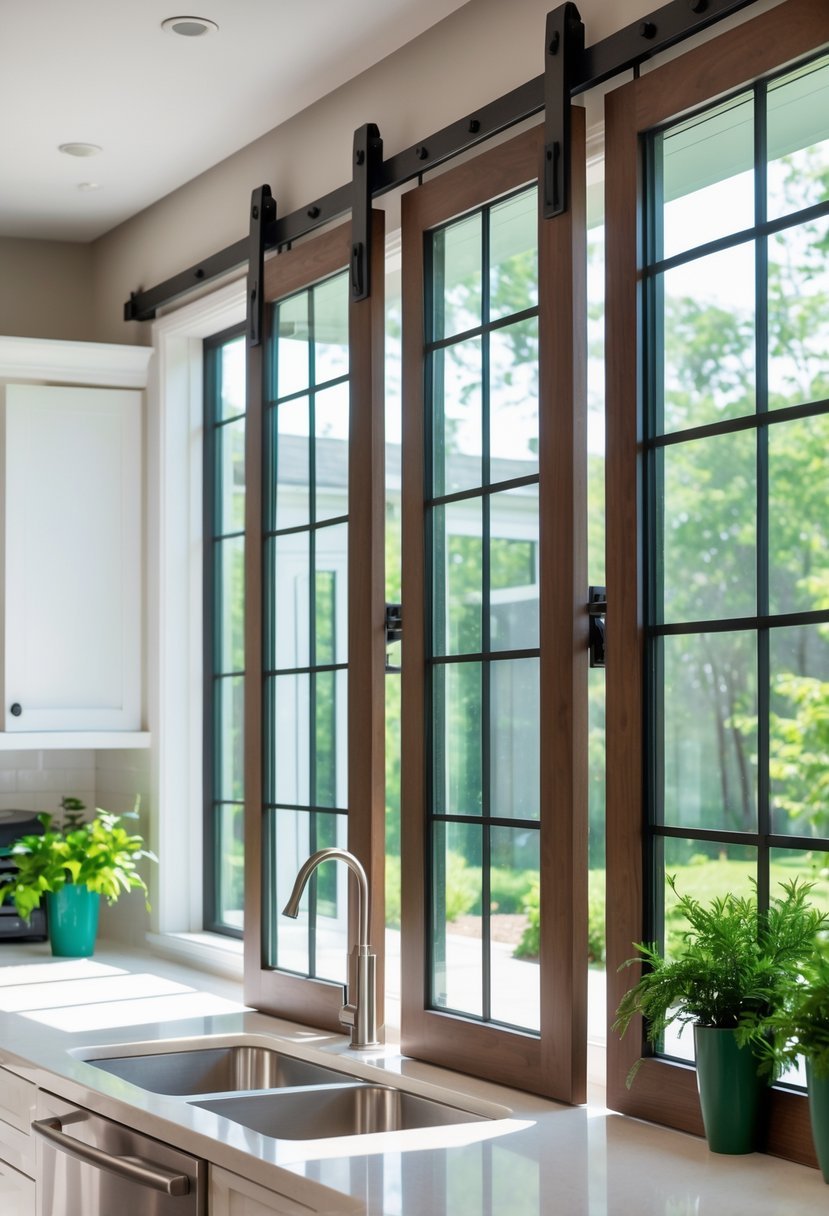 A bright kitchen with sliding barn windows partially open, showing green plants inside and greenery outside.