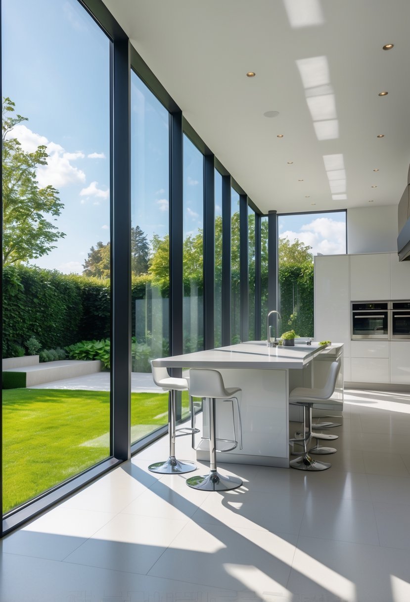 A modern kitchen with large panoramic windows showing a green outdoor view and bright natural light filling the space.