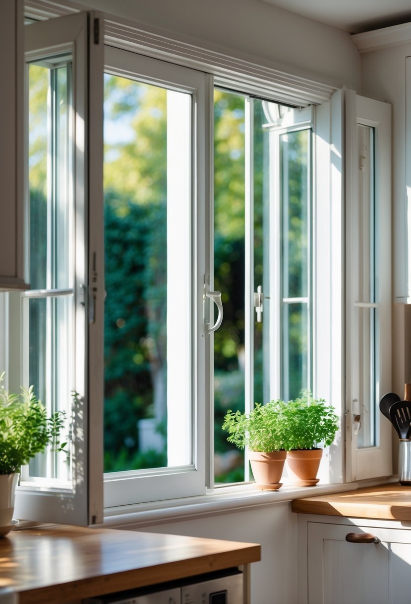 A single-hung kitchen window with a white frame letting natural light into a kitchen with a wooden countertop and potted plants on the windowsill.