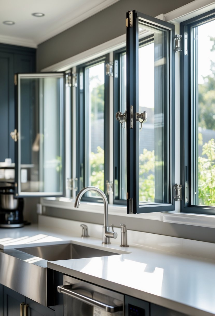 A kitchen with open casement windows featuring crank handles, sunlight filling the room, and a view of greenery outside.