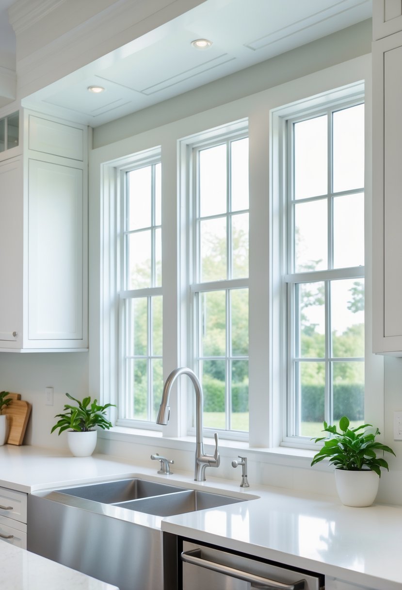 A modern kitchen sink area with transom windows above letting in natural light.