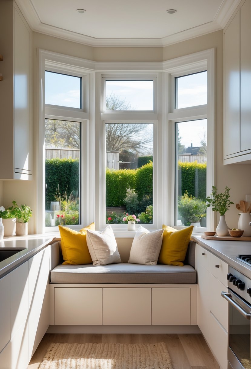 A kitchen bay window seating area with a built-in bench, cushions, and a view of a sunny garden outside.