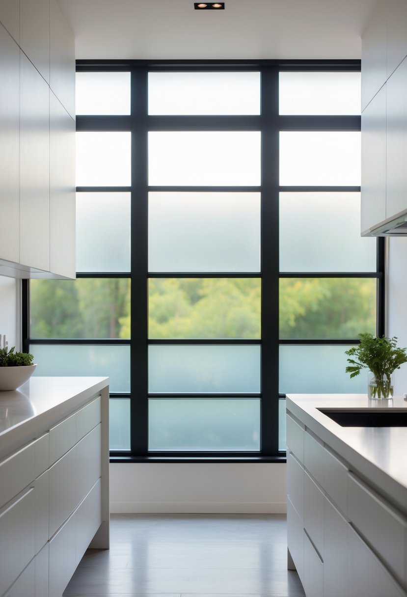 A modern kitchen with a large frosted glass window letting in soft natural light.