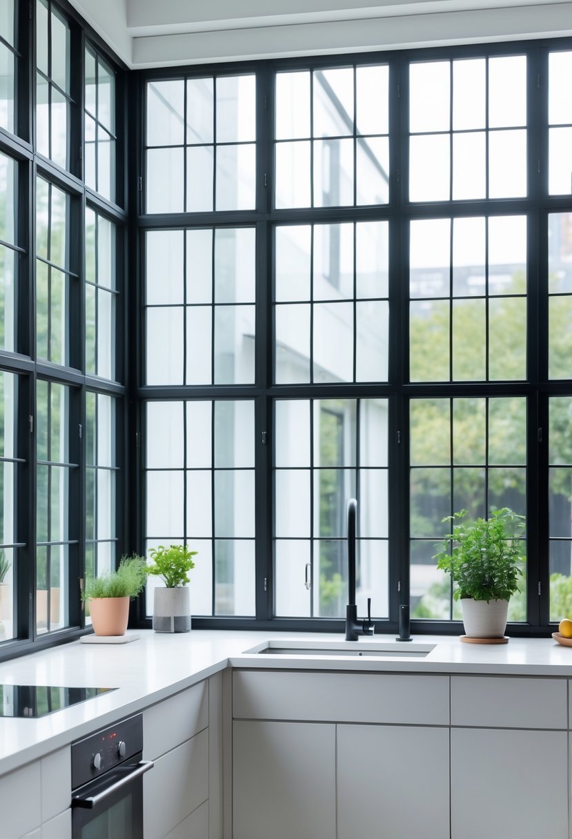A bright kitchen with large black-framed industrial windows letting in natural light.