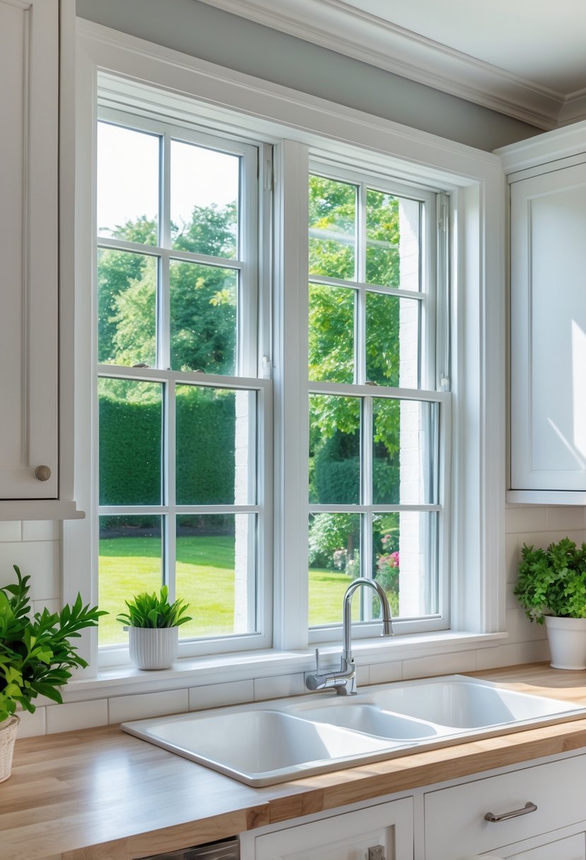 A kitchen with a double-hung sash window letting in natural light, showing a garden outside and kitchen counters inside.