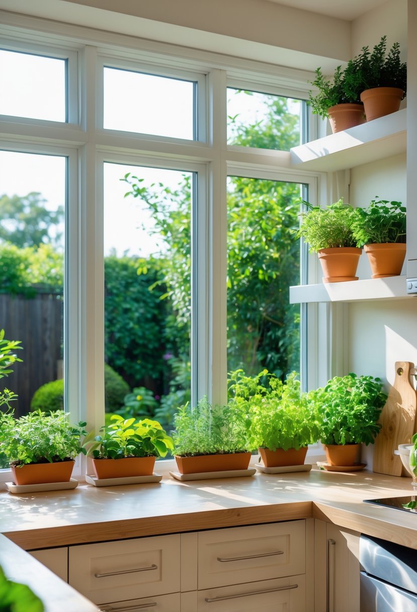 A kitchen with a garden window that has shelves filled with potted plants and herbs, with a green garden visible outside.