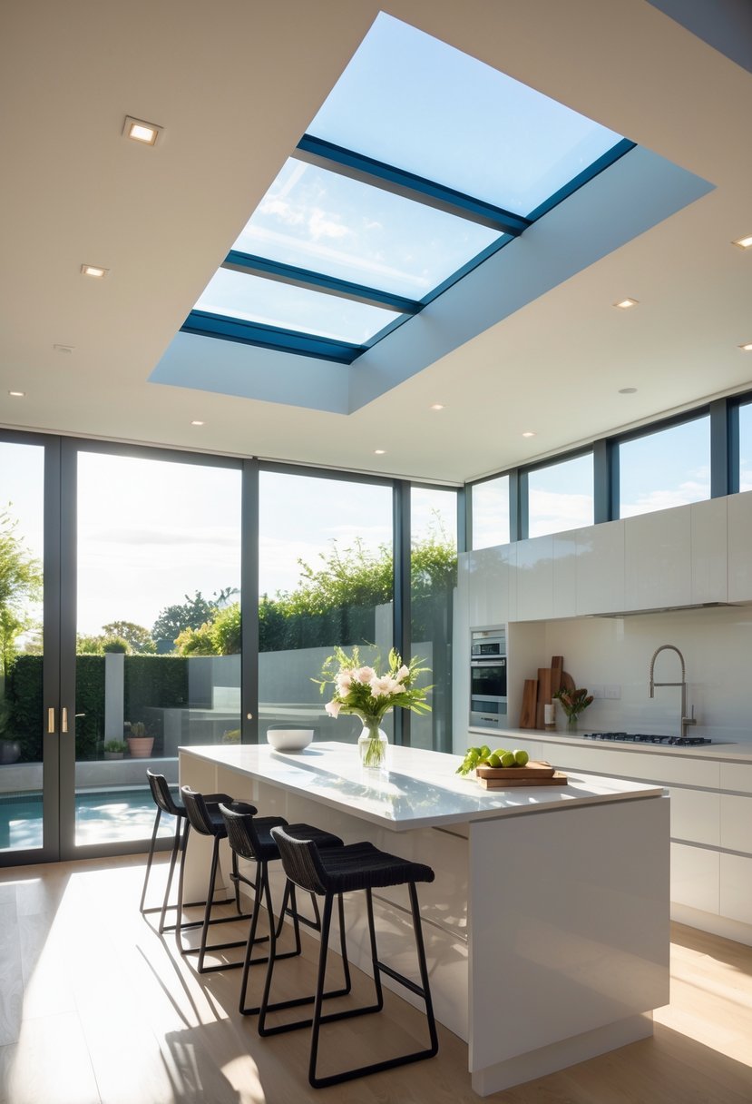 Bright kitchen with a skylight above a kitchen island and natural light filling the space.