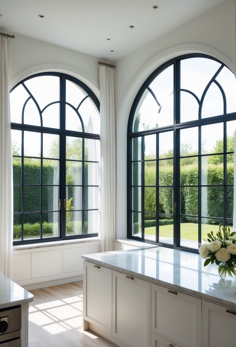 A modern kitchen with large arched windows letting in natural light and a view of a green garden outside.