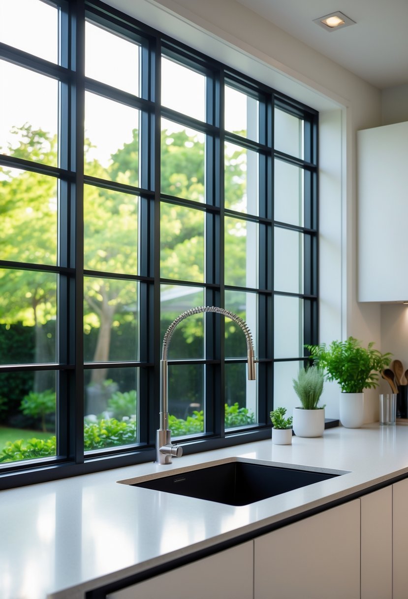 A bright kitchen interior with a large multi-pane grid window showing greenery outside.