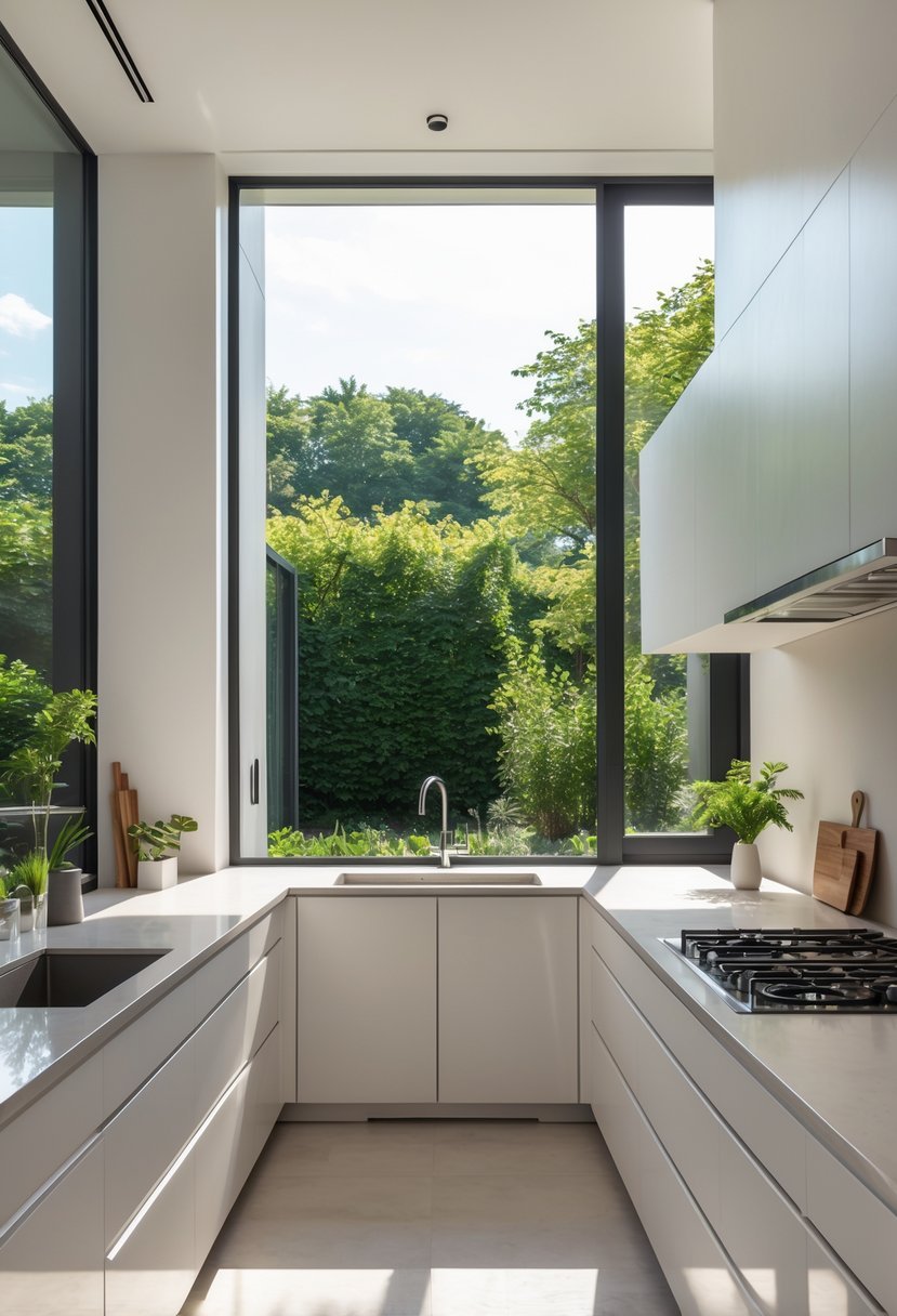 Bright kitchen with a large window letting in natural light and a view of greenery outside.
