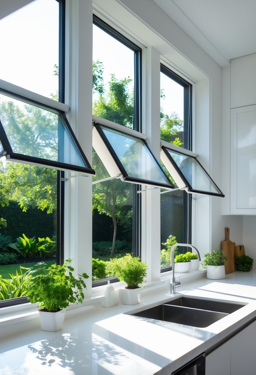 A modern kitchen with open awning windows letting in fresh air and sunlight, showing a countertop with potted herbs and a green garden outside.