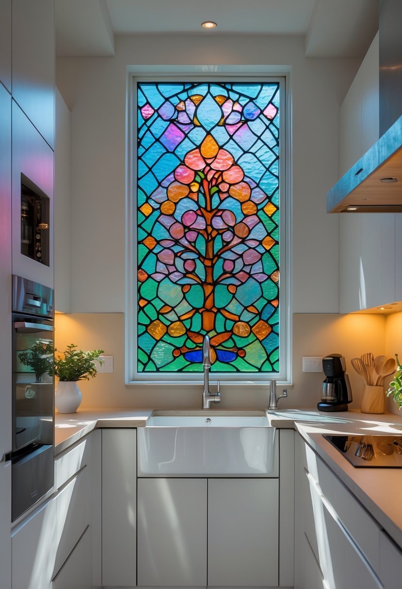 A kitchen with a colorful stained glass accent window letting in natural light.