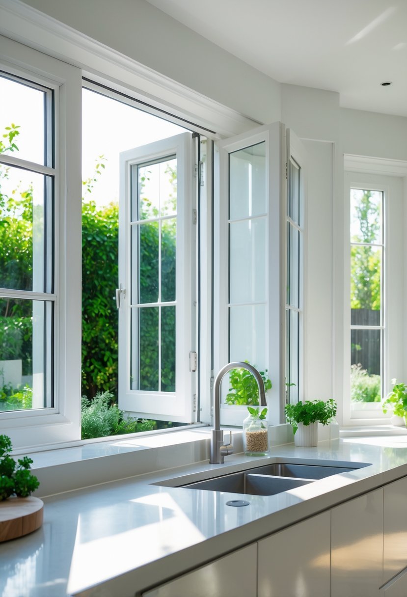 A modern kitchen with open French casement windows letting in sunlight and showing greenery outside.