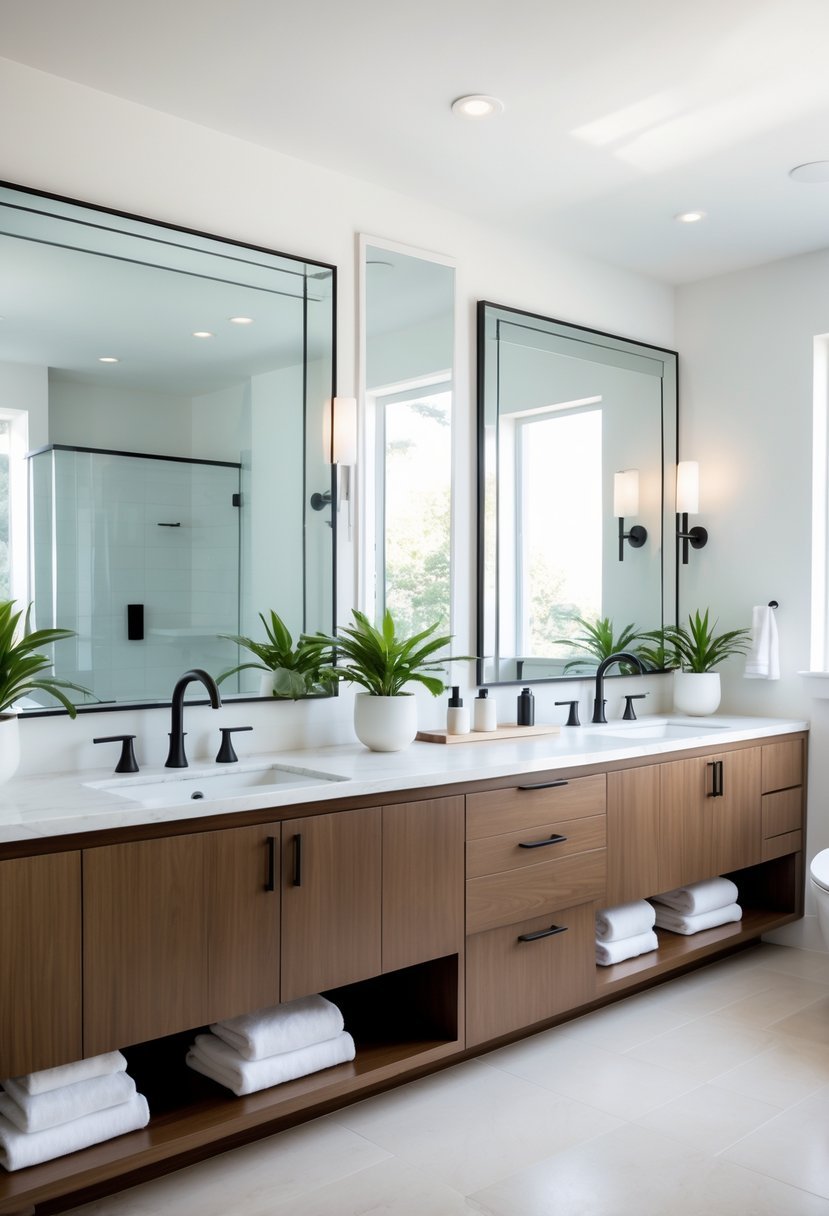 A bright bathroom with a double sink vanity, mirrors, faucets, and decorative items on the countertop.
