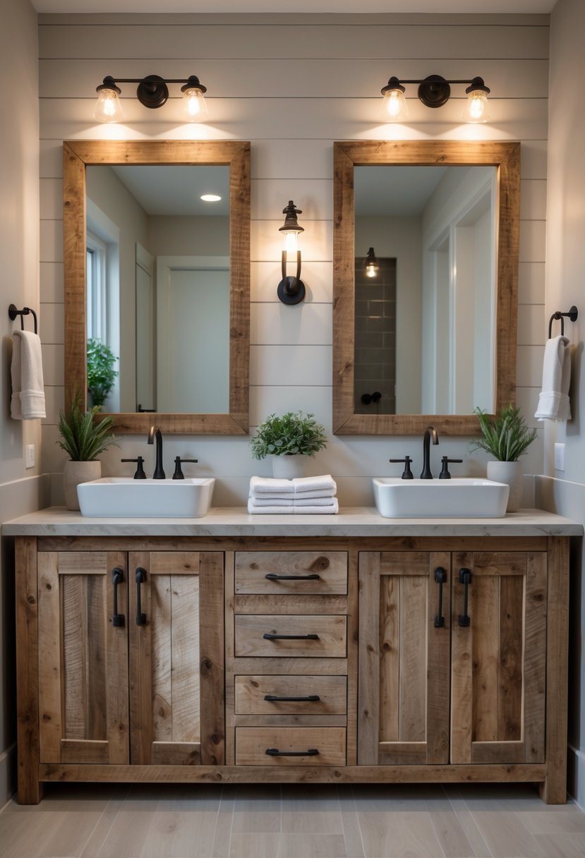 A bathroom with a double sink vanity made of reclaimed wood, two white sinks, and two large mirrors above.