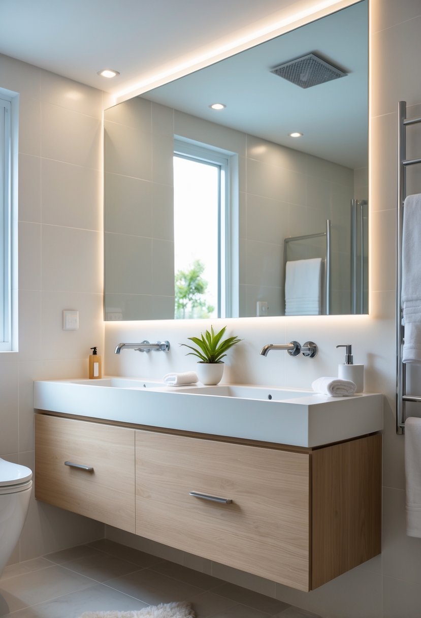 A small bathroom with a wall-mounted double sink vanity, two mirrors, and storage cabinets beneath the sinks.