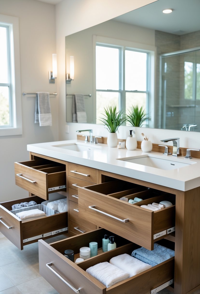 A bathroom with a double sink vanity featuring open drawers with organized pull-out compartments.