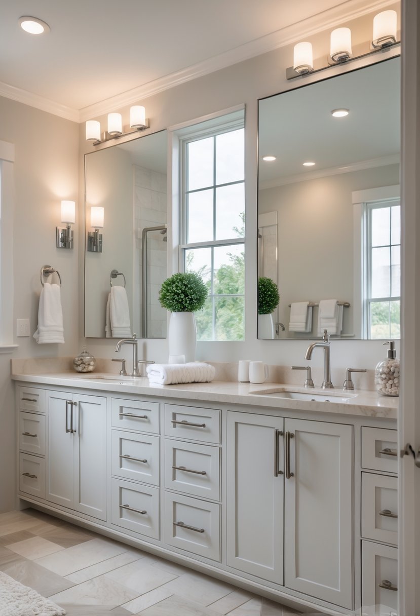 A bathroom with a double sink vanity featuring two sinks, a large mirror, and bathroom accessories.