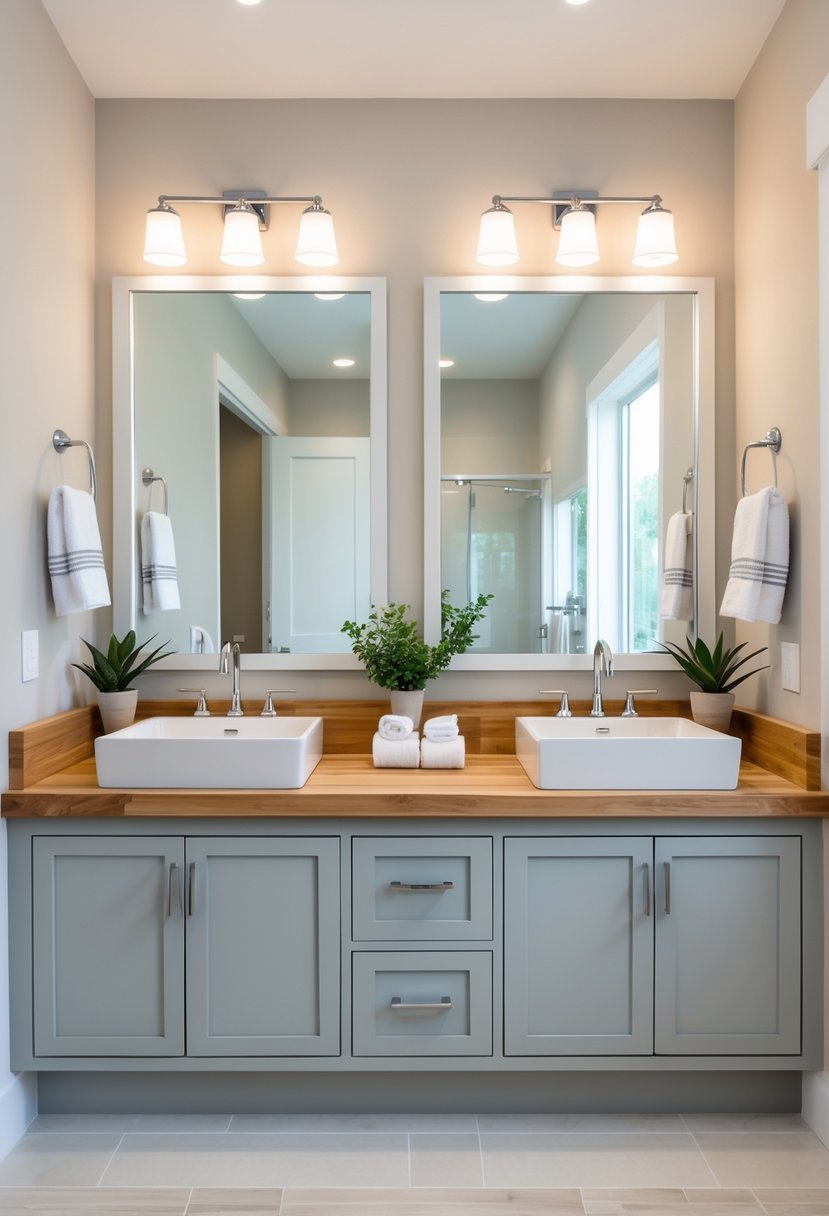 A bathroom with a two-sink vanity featuring a painted base and a natural wood countertop, with mirrors and faucets above.