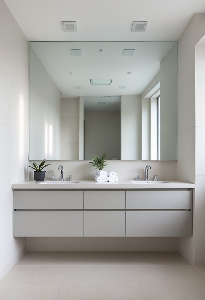 A bathroom with a double sink vanity featuring flat-panel cabinets and two chrome faucets.