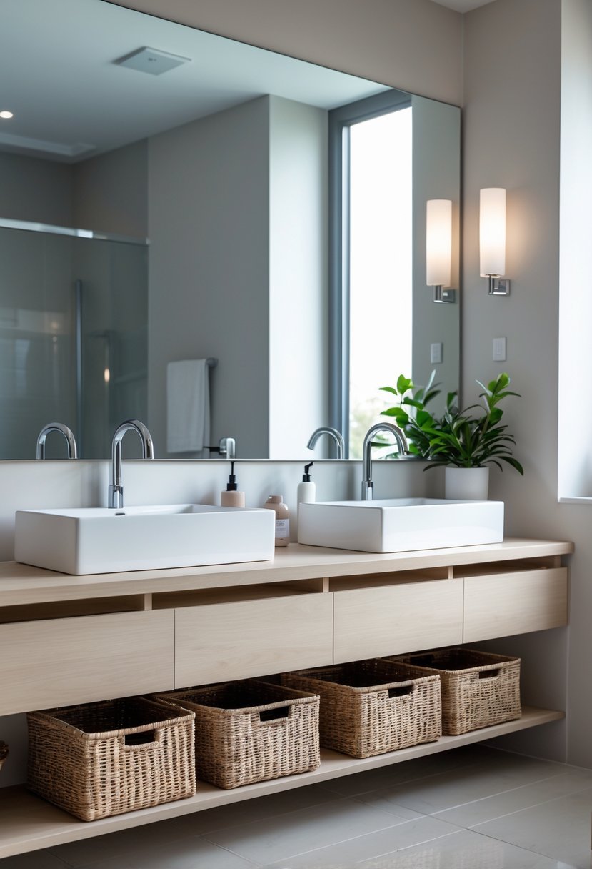 A bathroom with a double sink vanity featuring open shelves holding wicker baskets beneath two white sinks.
