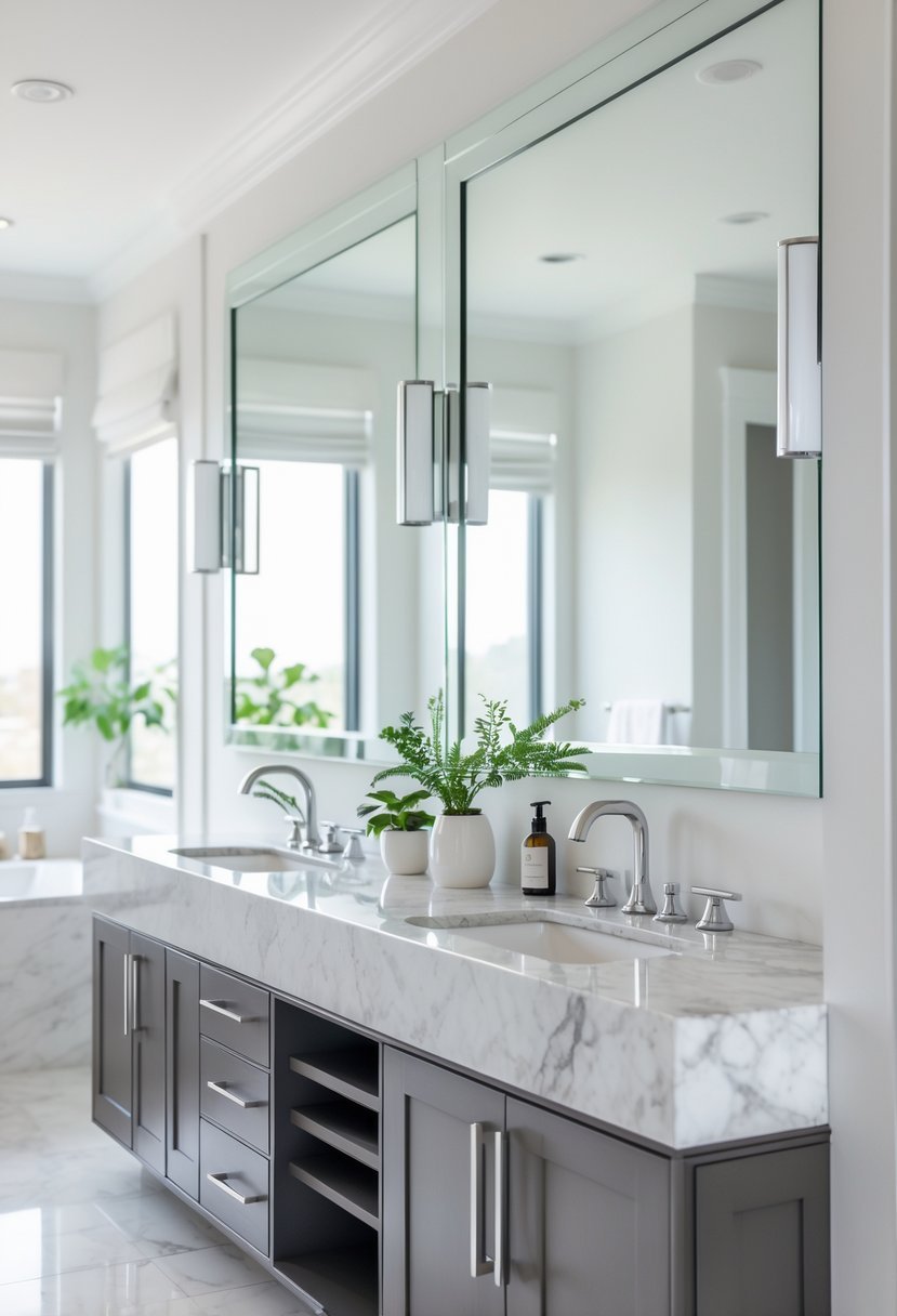 Double sink bathroom vanity with marble countertop and two faucets in a bright bathroom.