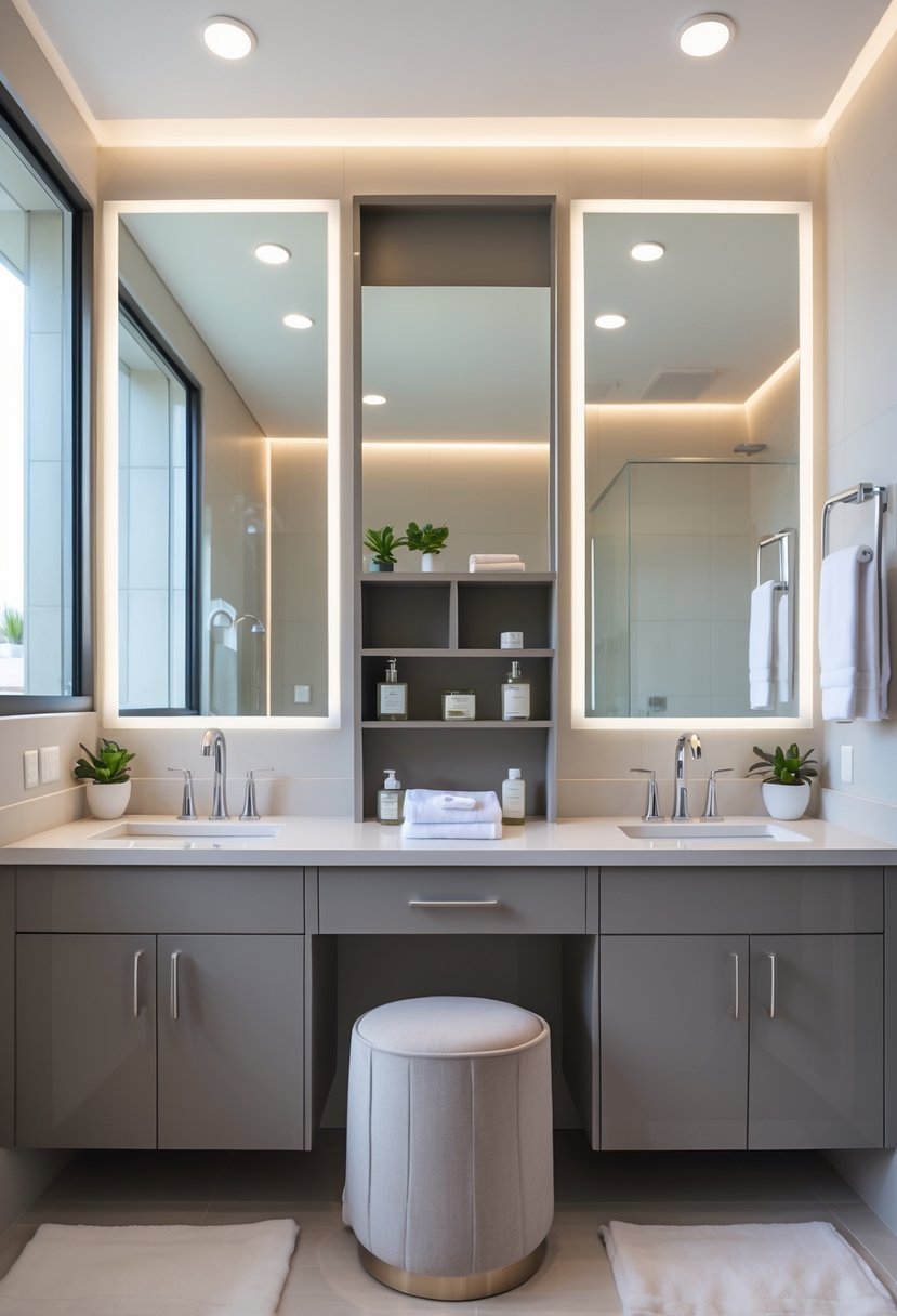 A bathroom with a double sink vanity and a built-in makeup station between the sinks.