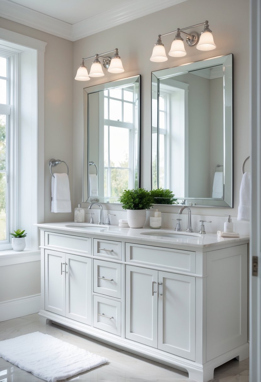 A bathroom with a double sink vanity, two faucets, a large mirror, and natural lighting.