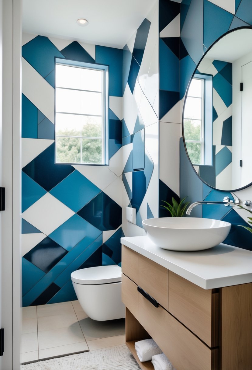 A bathroom with a bold geometric tile accent wall, a white sink on a wooden vanity, a round mirror, and natural light coming through a window.
