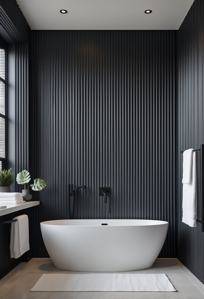 A modern bathroom with a white freestanding bathtub in front of a black vertical fluted accent wall and matte black fixtures.