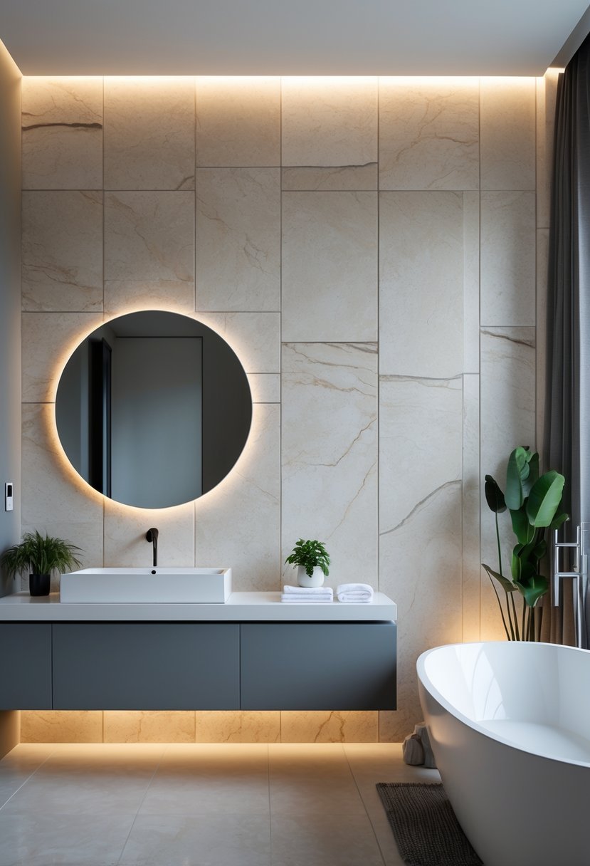 A modern bathroom with a large stone slab accent wall, a floating vanity with a round mirror, and a freestanding bathtub.