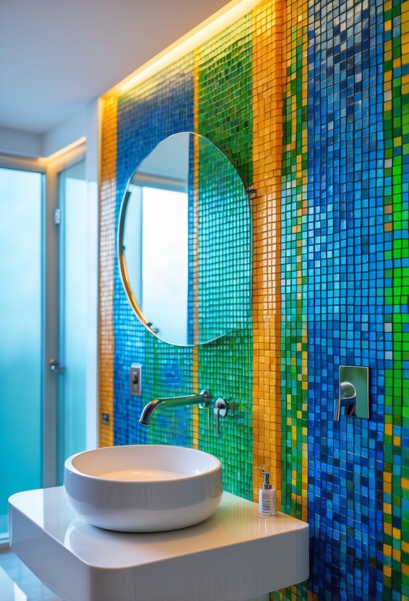 A bathroom with a colorful mosaic tile accent wall, a white sink, and a large mirror reflecting light.