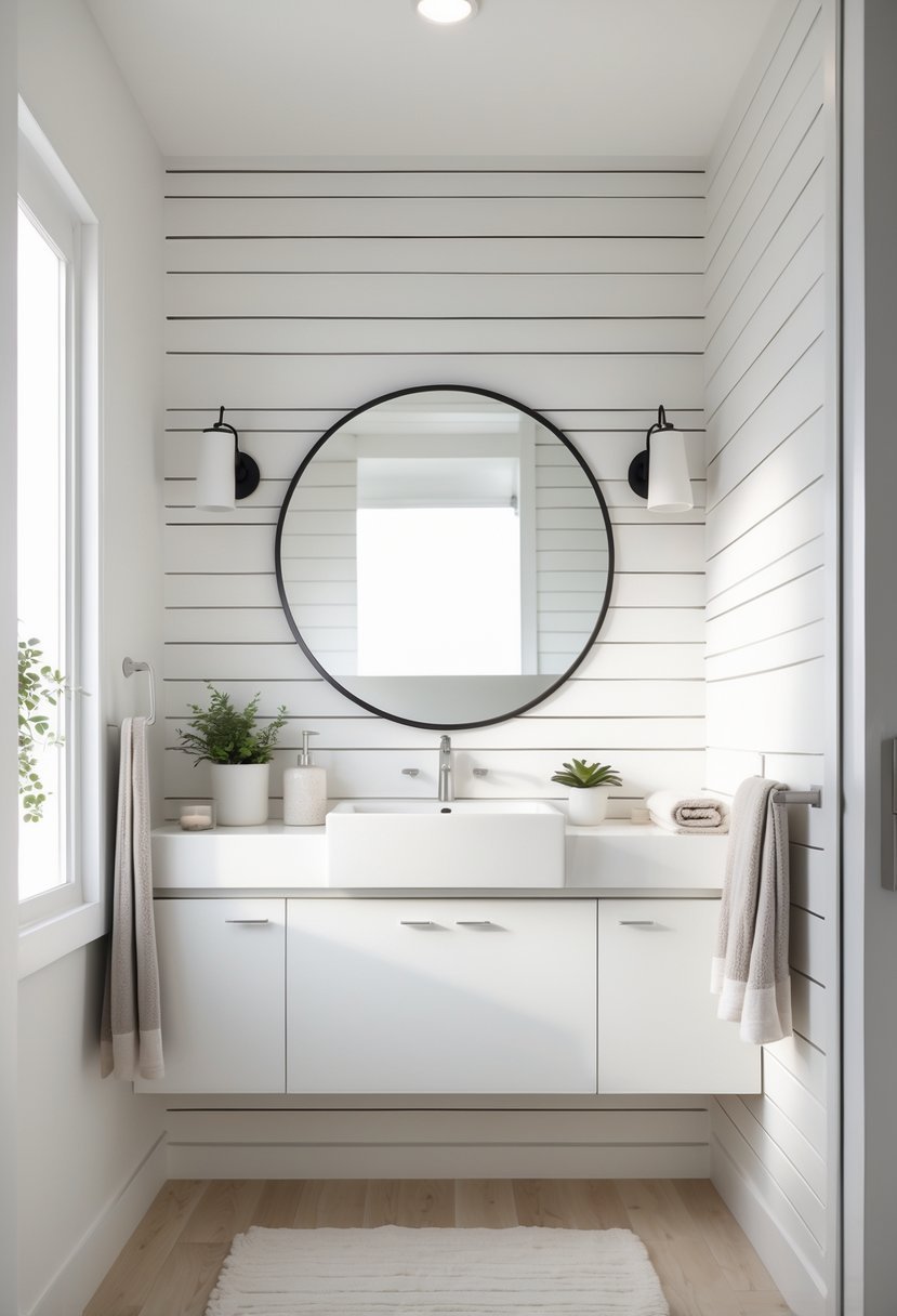 A bathroom with a white painted wood shiplap accent wall, a round mirror, and a vanity with decorative items.