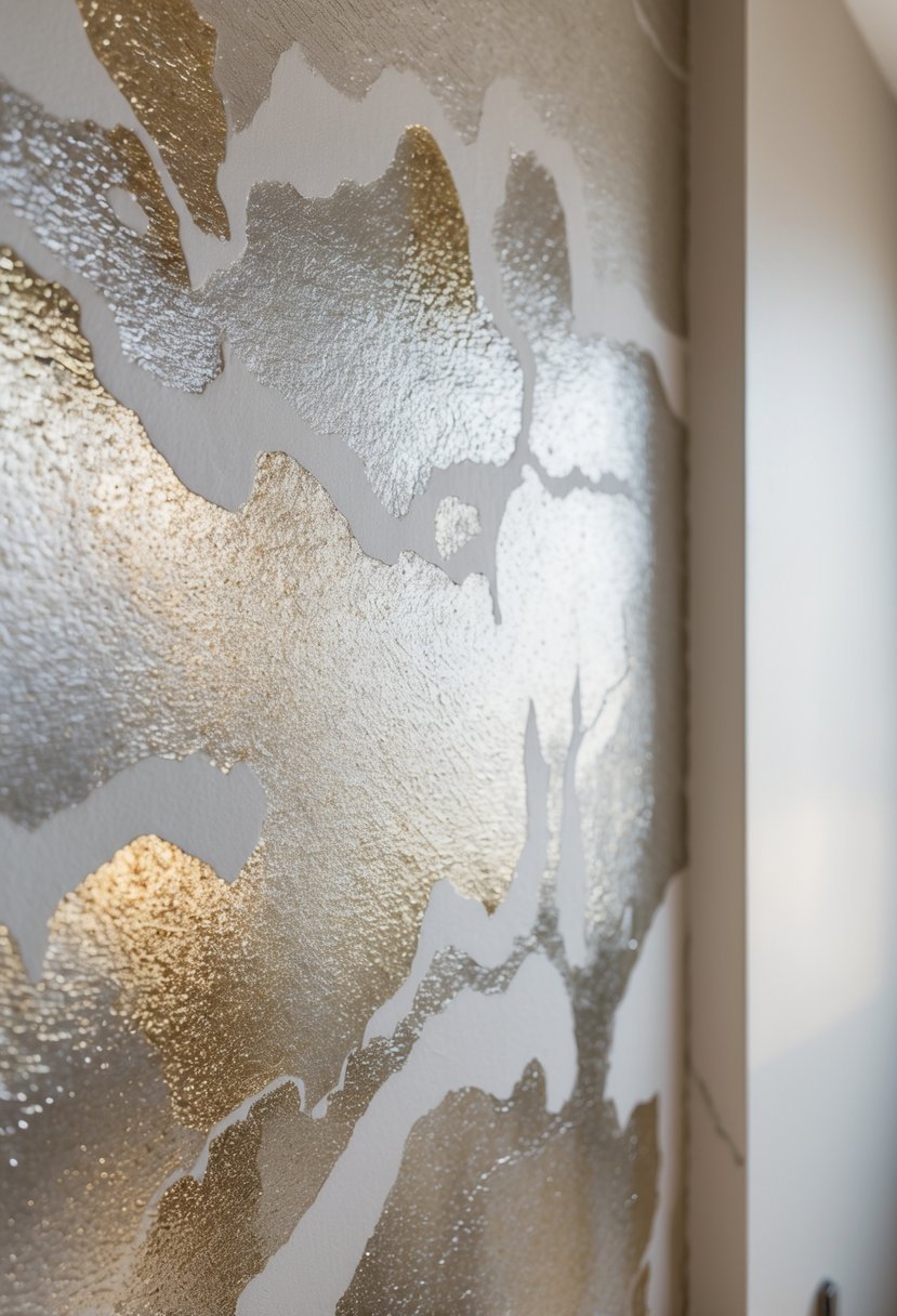 Close-up of a textured plaster wall with metallic paint in a bathroom setting.