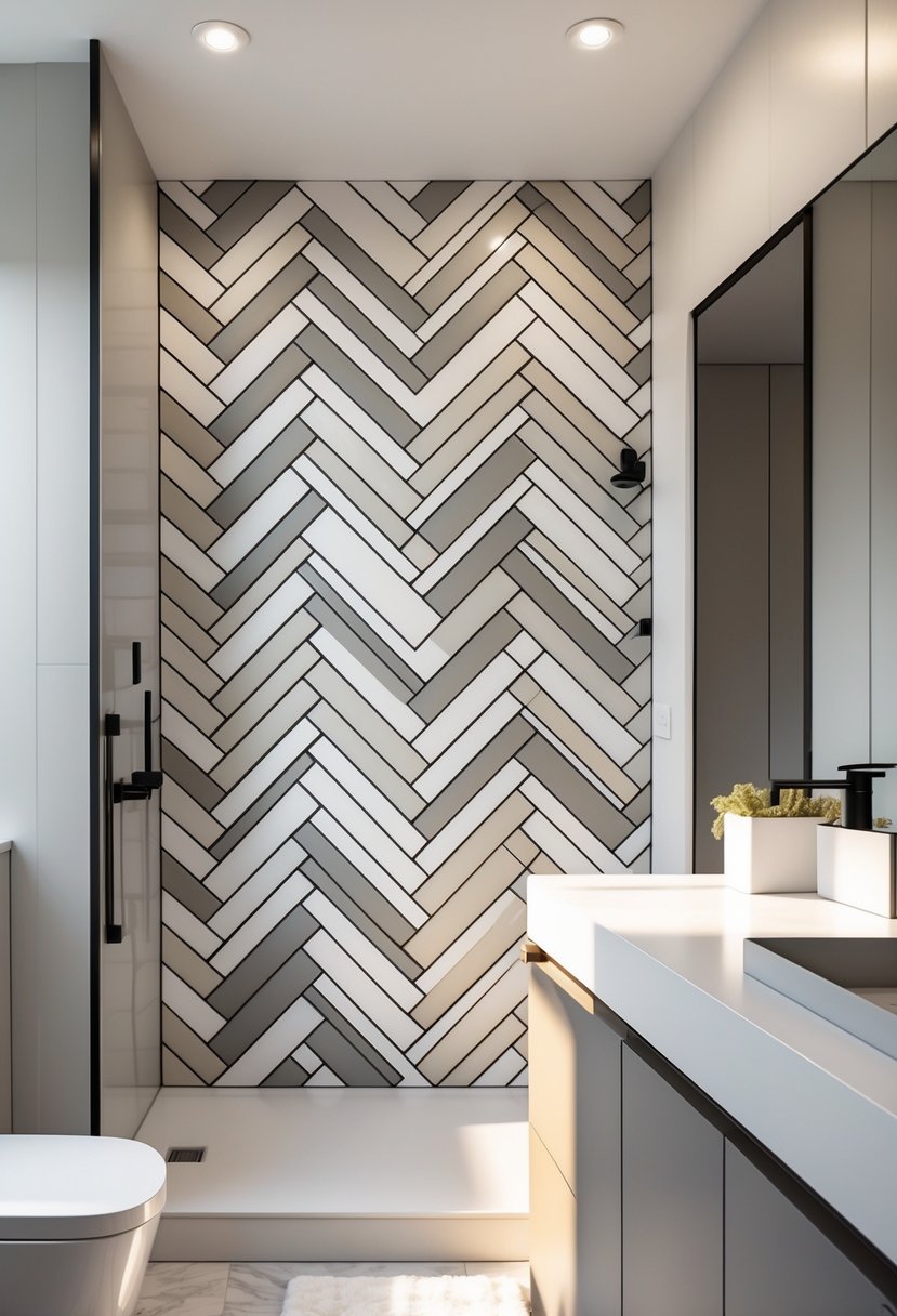 A bathroom with a wall covered in herringbone-patterned tiles, a white countertop, and a modern sink.