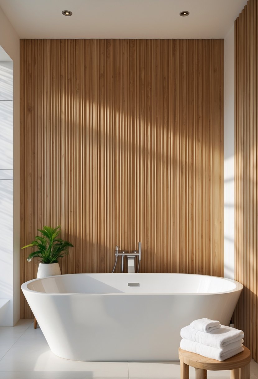 A bathroom with a vertical slat wood accent wall, a white freestanding bathtub, and minimal decor including a small plant and towels.