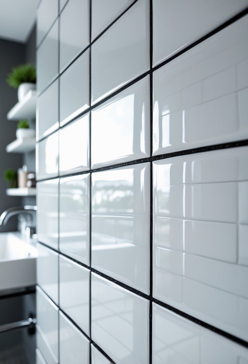 Close-up view of a bathroom wall covered with glossy white subway tiles and dark grout lines.