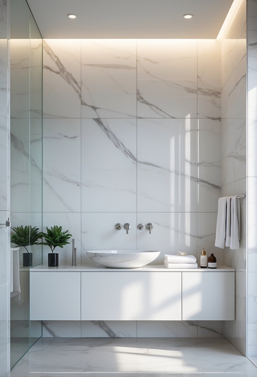 A bathroom with a large white marble tile wall behind a white vanity and sink.