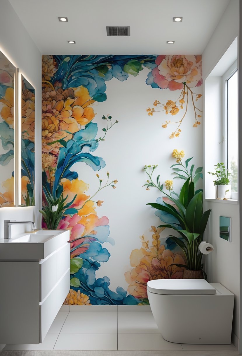 A bathroom with a hand-painted mural accent wall, a white vanity, a large mirror, and a small potted plant.