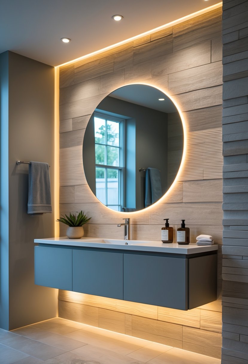 A bathroom with a floating vanity mounted on a wall with integrated lighting and an accent wall behind it.