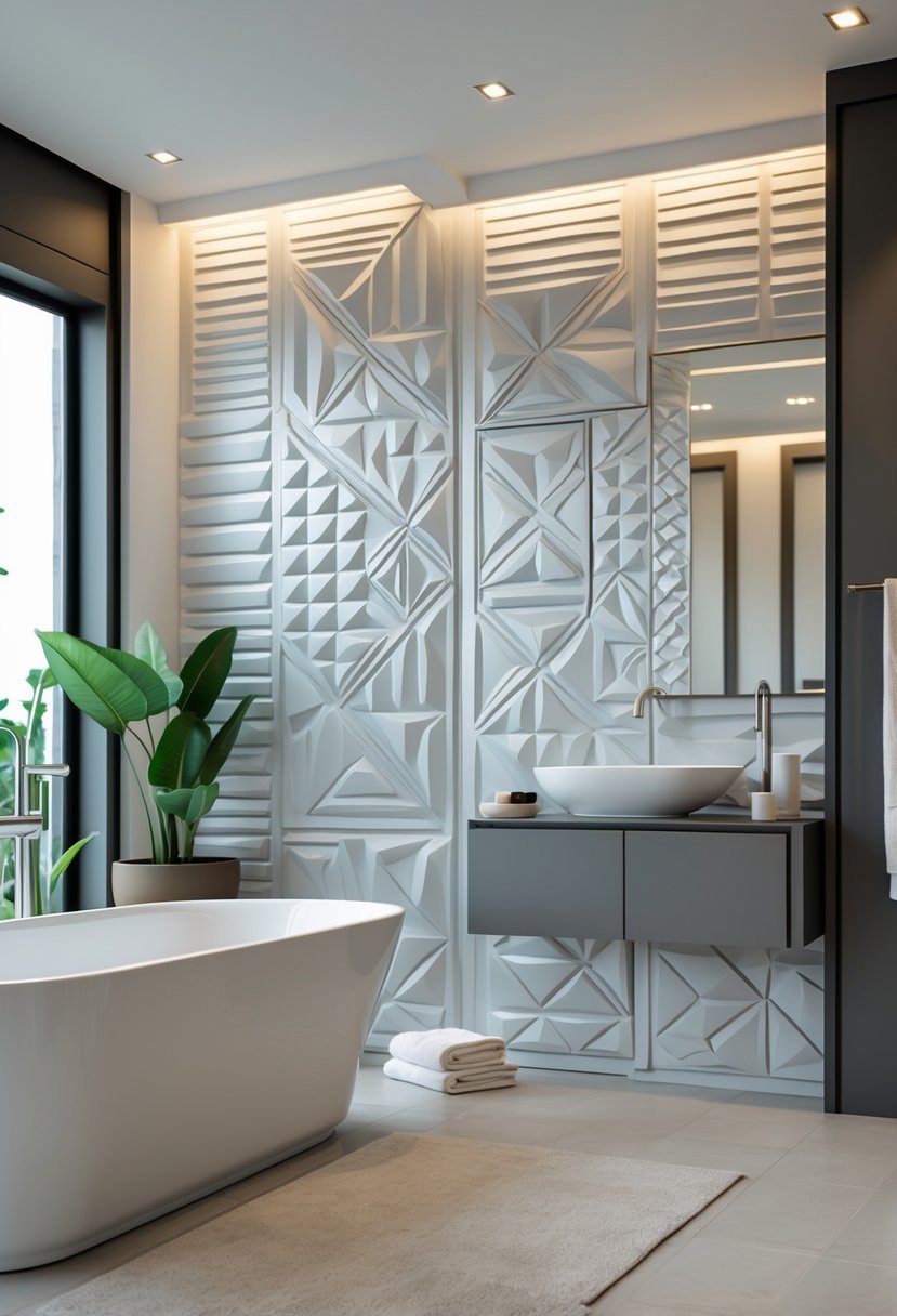 A modern bathroom with a freestanding bathtub and a textured accent wall featuring 3D geometric panels.