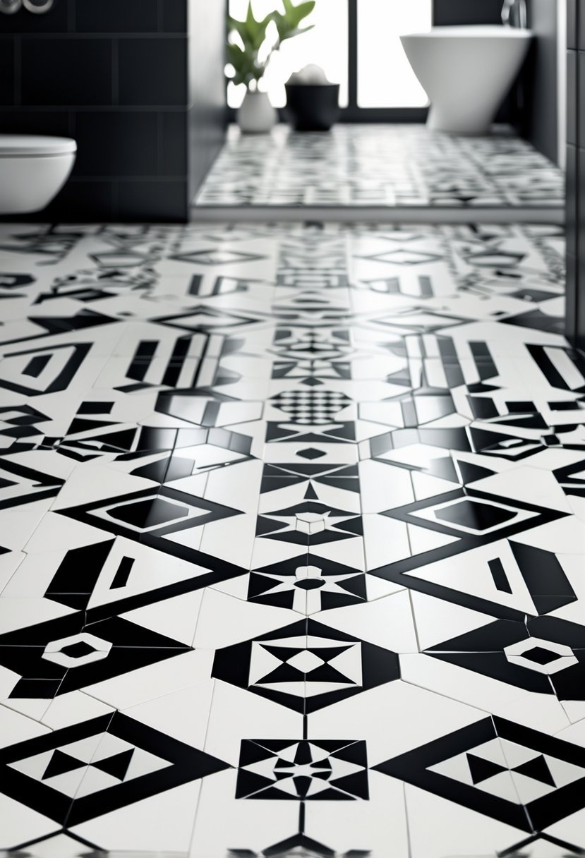 Close-up view of a bathroom floor with black and white geometric patterned tiles.