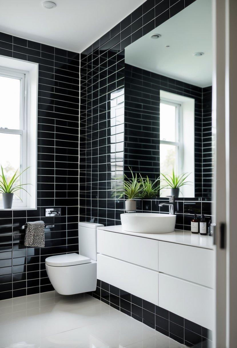 A bathroom with black subway tile walls, a white sink, a large mirror, and a small potted plant on the countertop.