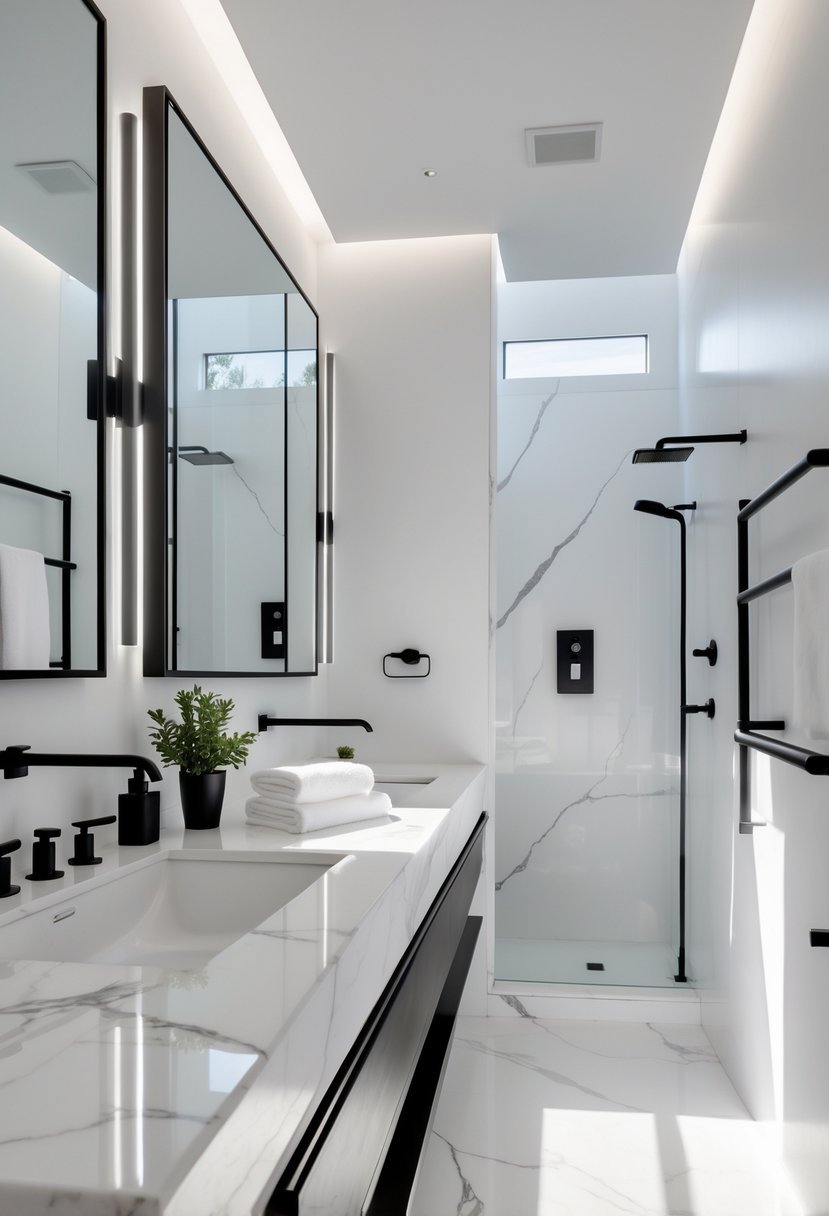 A bathroom with white marble countertops, black fixtures, a large mirror, and minimal decor in black and white.