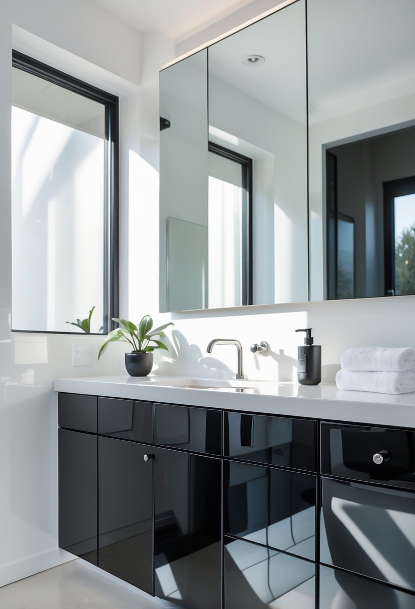 A modern bathroom with glossy black cabinets, white countertop, large mirror, and bright white walls and floor.