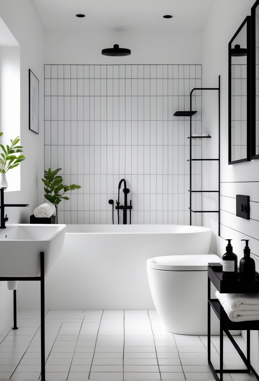 A modern bathroom with matte white bathtub, sink, and toilet, featuring black accents and monochrome decor.