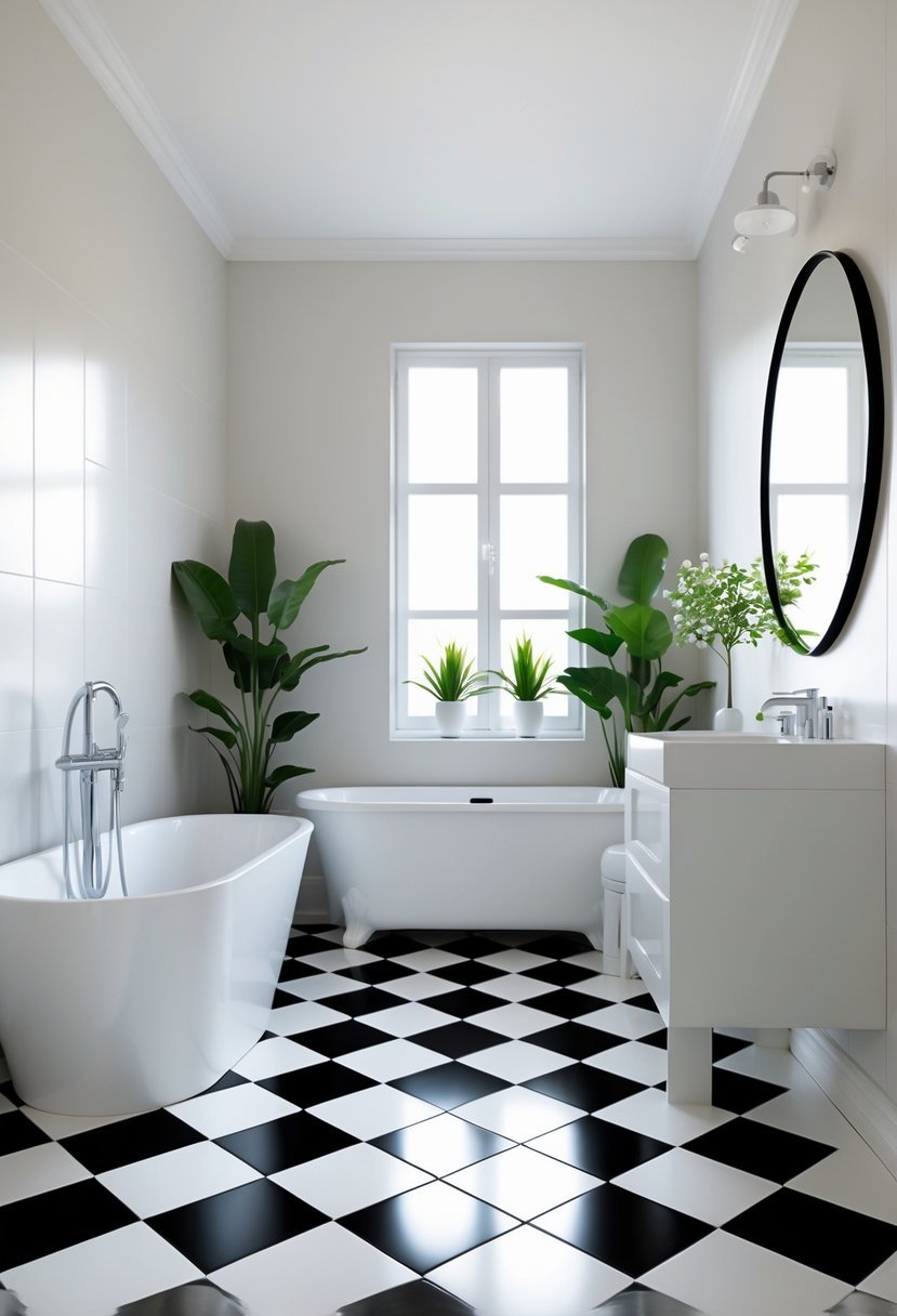 A bathroom with black and white checkerboard floor, a white bathtub, a vanity with a round mirror, and green plants.