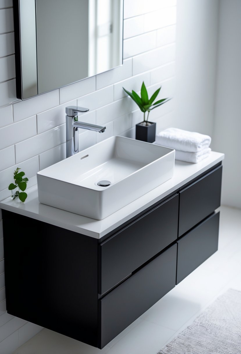 A bathroom with a black vanity and a white sink under soft natural light.